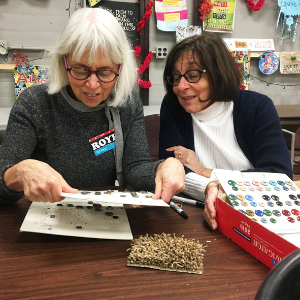 volunteers looking at buttons
