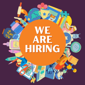 Purple background with a central orange circle with text: We are hiring in white. The circle and text ovelaps many illustartions of arts and crafts items.