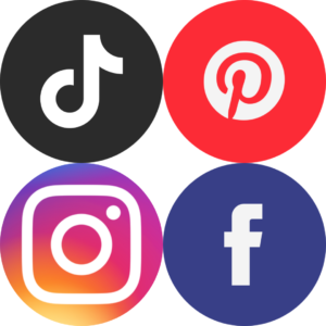 Social media icons: TikTok, Pinterest, Facebook, and Instagram.