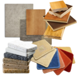 Laminate, wood, countertop, carpet samples.