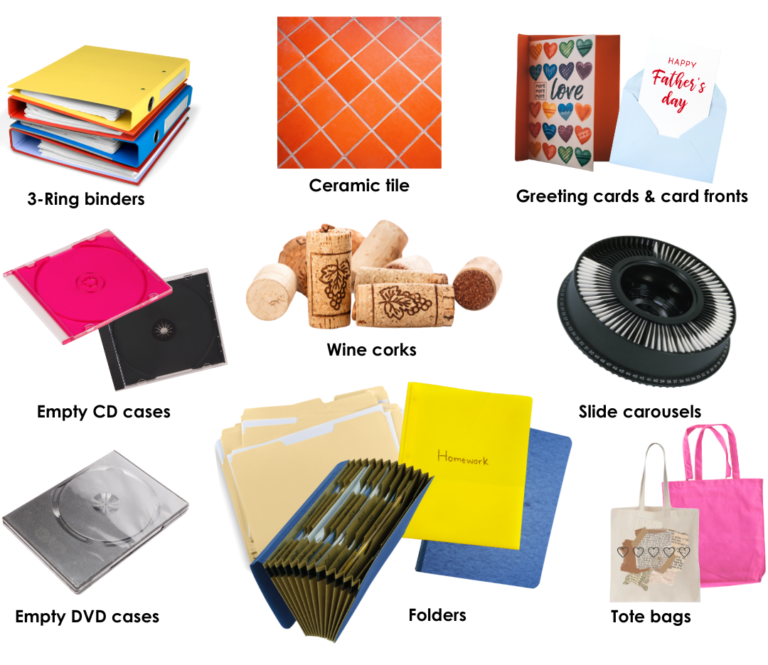 Images of binders, cd cases, dvd cases, ceramic tile, corks, folders, cards, slide carousels, and tote bags.