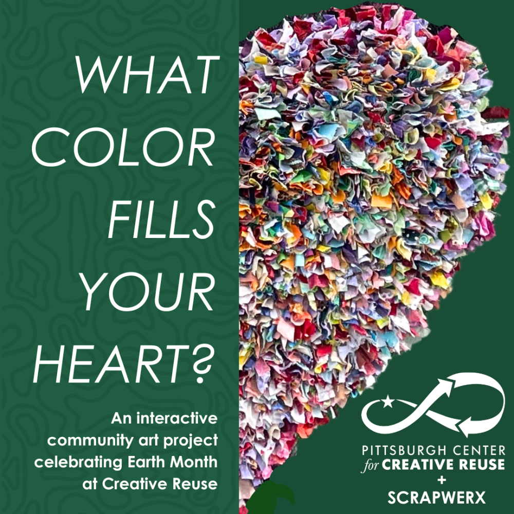 Earth Month Scrap Mosaic: "What Colors Fill Your Heart" with ScrapwerxLaunch: April 7 from 1 PM - 5 PMView its progress and add to it: daily 11 AM - 5 PMJoin us as we kick off an interactive sustainable art project with Barb Grossman from Scrapwerx. “What colors fill your heart?” uses reclaimed garden netting and fabric scraps that were intended for the landfill. It’s a free activity and as easy as tying a knot! The project will launch at Creative Reuse on April 7th, 1 - 5 PM and will be here the remainder of the month with step-by-step instructions to guide you. All ages are welcome to participate!