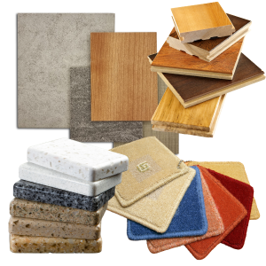 Various types of samples used by architects and design firms (is carpet and ceramic tile) on a white background.