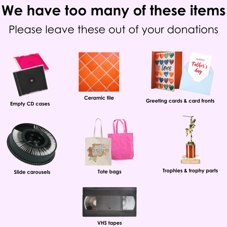 Pink background with rows of images that include CD cases, ceramic tile, greeting cards, slide carousel, and tote bags, trophies, and vhs tapes.