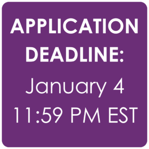 Purple square with white text. Application deadline: January 4 11:59 PM EST