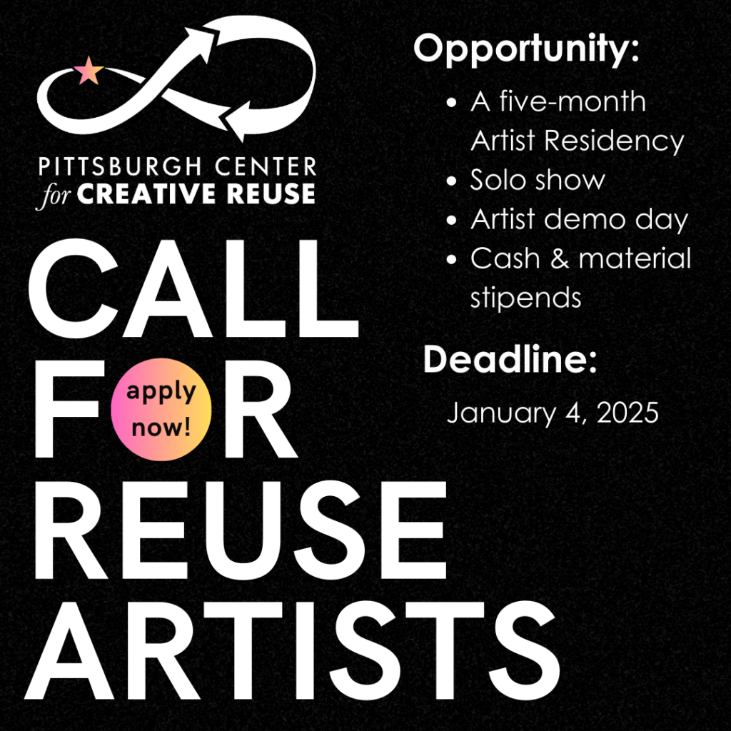 Black background with white text. Call for reuse artists with Creative Reuse logo above.