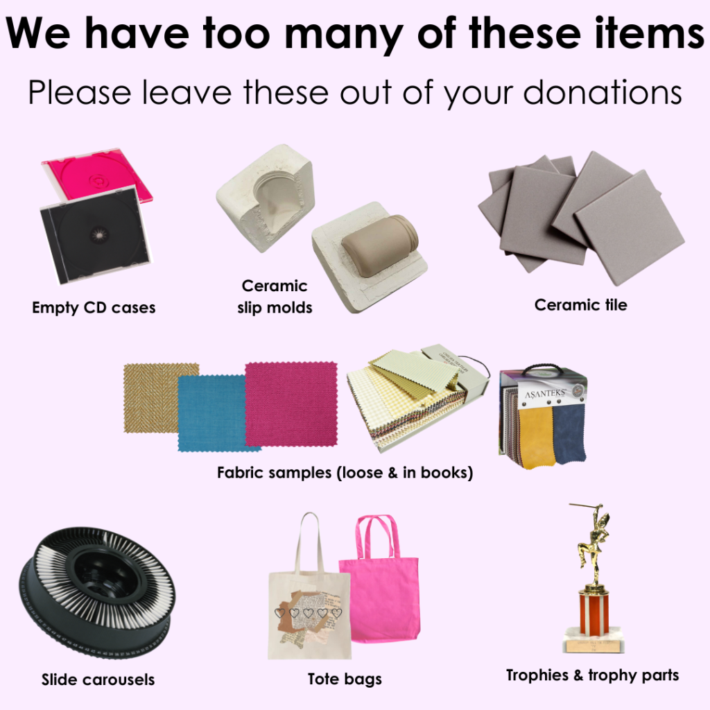 Pink background with rows of images that include CD cases, ceramic slip mold, ceramic tile fabric samples (loose and in books), slide carousel, and tote bags, and trophies.