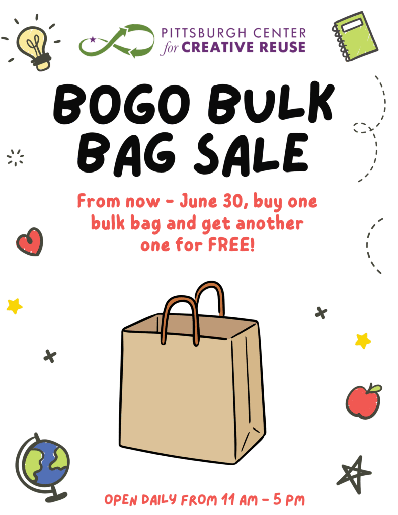 Graphic featuring a brown bag in the lower center surrounded by small objects, stars, dotted lines.