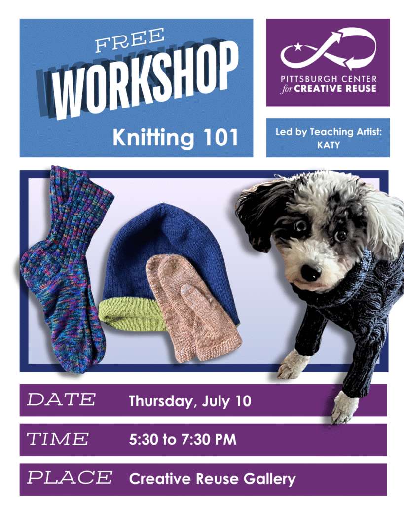 Blocks of blue and purple with white text and Creative Reuse logo at top and bottom. Middle features purple gradient with photos of knitted socks, gloves, hat, and a dog wearing a knitted sweater.