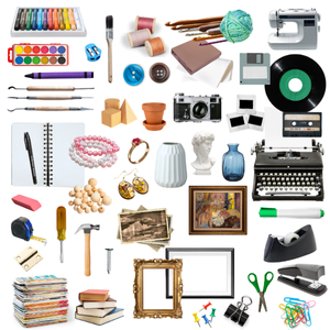 A collage of arts and craft supplies and tools, home decor items, books, magazines, hardware and tools, office supplies, and vintage machines and media on a white background.