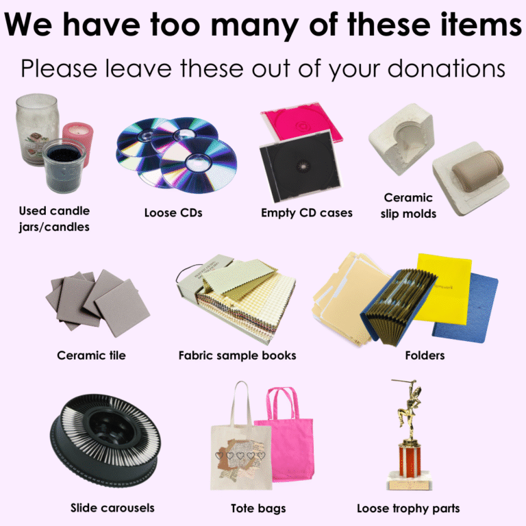 Pink background with rows of images that include used candles and candle jars, loose CDs, empty CD cases, ceramic slip mold, ceramic tile fabric sample books, all kinds of folders, slide carousel, and tote bags, and loose trophy parts.