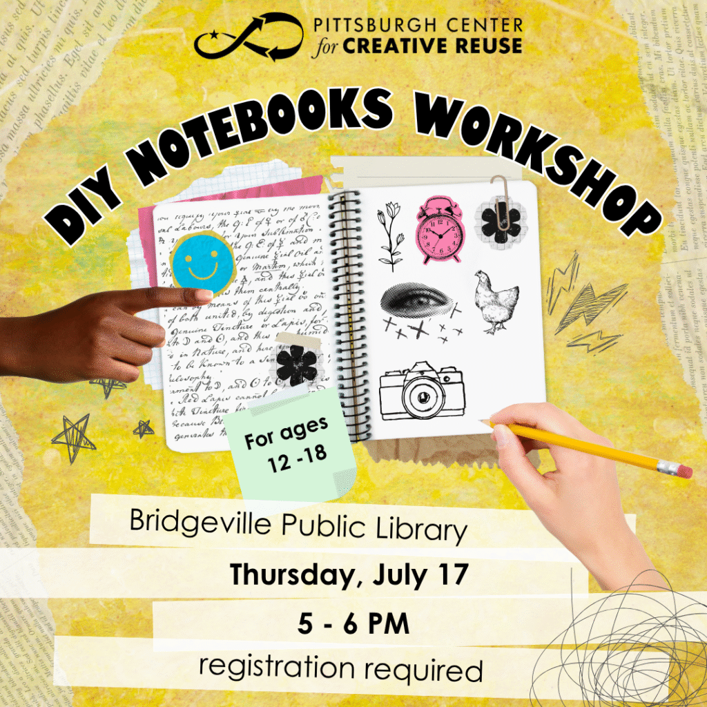 Textured yellow background with collaged images. An open notebook at center with text and images on the pages. A hand points from the left and another, holding a pencil, is at lower right.
