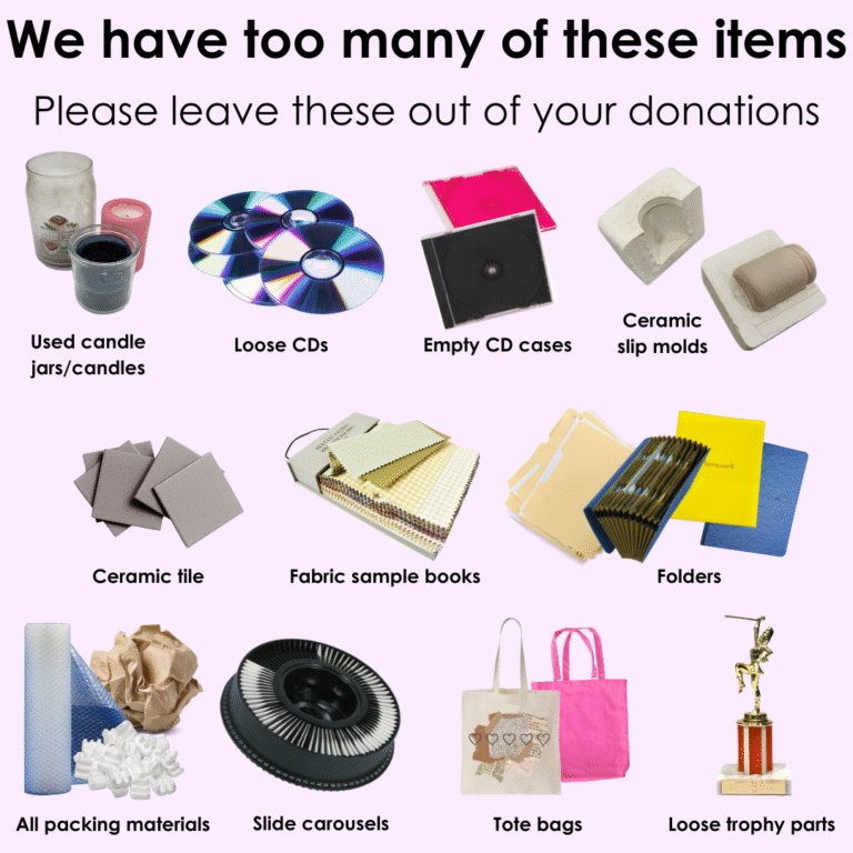 Pink background with rows of images that include used candles and candle jars, loose CDs, empty CD cases, ceramic slip mold, ceramic tile fabric sample books, all kinds of folders, packing materials, slide carousel, and tote bags, and loose trophy parts.